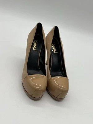 Yves Saint Laurent Tribtoo Feminino 37 EUA 6.5 Camurça Marrom Couro Patente Sapatos Captoe - Imagem 1 de 4