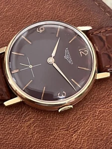 LONGINES 18K SOLID ROSE GOLD BURGUNDY DIAL MANUAL WIND 30L MENS WATCH - Picture 1 of 16