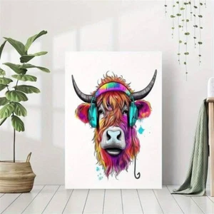 Highland Cow DJ Abstrakt Leinwandbild Bild Ungerahmt Druck Wand 42cm x 30cm - Bild 1 von 6