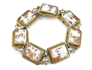 RARE IMPRESSIVE ANTIQUE EDWARDIAN 925 SILVER MULTI CAMEO PANEL BRACELET - Picture 1 of 6