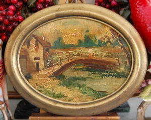 VTG 1940'S FRAMED IMPRESSIONIST OVAL OIL BRIDGE & RIVER COUNTRY LANDSCAPE SCENE - Picture 1 of 24