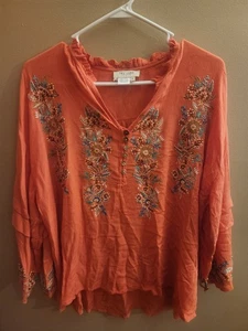 Tru Luxe Jeans Top Contadino Pullover Corallo Floreale Ricamato Hippie Retrò Taglia L - Foto 1 di 5