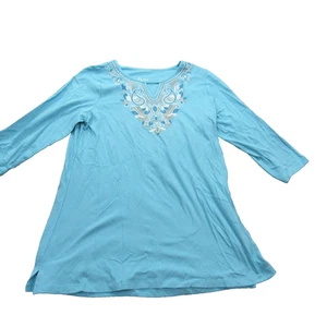 Denim & Co Shirt Damen groß blau bestickt Tunika 3/4 Arm Boho Oberteil - Bild 1 von 10
