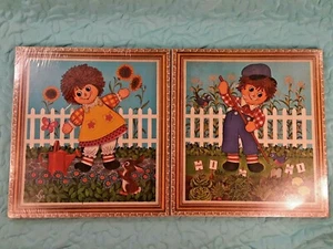 Vintage RAGGEDY ANN & ANDY Cork Wall Plaques 12" x 11"  - Picture 1 of 12