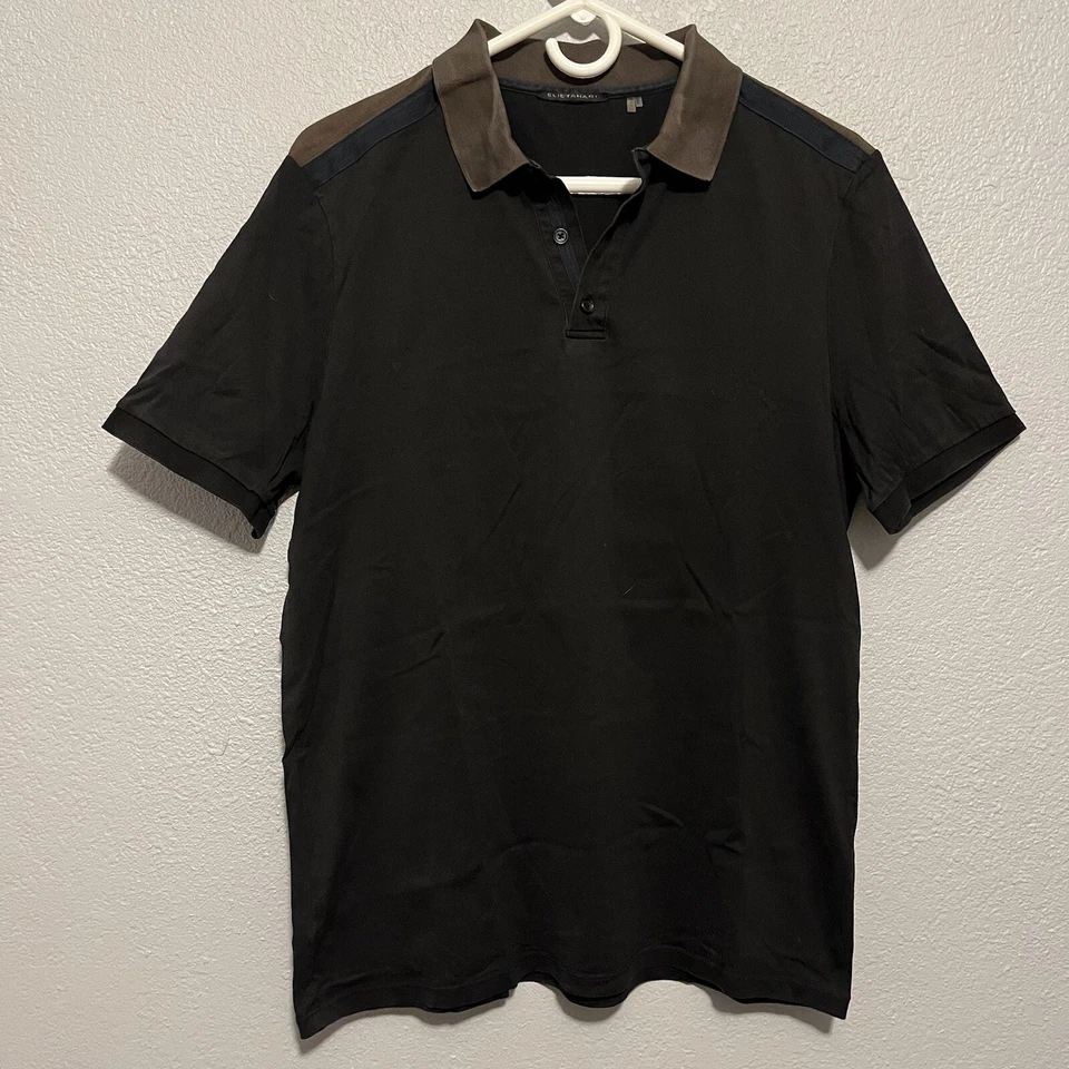 Elie Tahari Black Polo Shirt With Brown Collar and Neck Trim Size Medium - Image 1 of 4