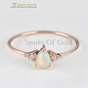 Ethiopian Opal Natural Pave Diamond Stackable Ring 14k Yellow Gold Jewelry Gift - Picture 1 of 9