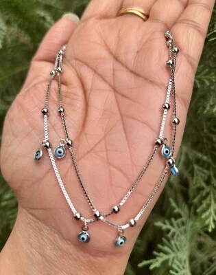 Tobillera de 2 piezas de plata 925 con protección contra el mal de ojo, amuleto Nazariya 9 pulgadas + ext Foto 1 de 4