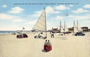 Cartolina FL: Sand Sailing, Daytona Beach, Florida, lino pubblicata 1949 - Foto 1 di 2