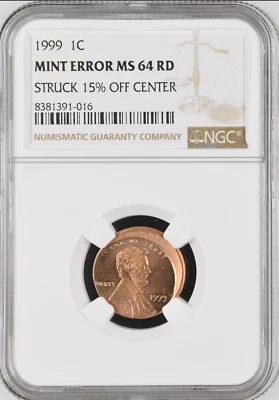 :1999-P 1C LINCOLN CENT NEAR GEM NGC MS64RD 15% OFF CENTER VERY RARE HIGH-GRADES - Image 1 of 2