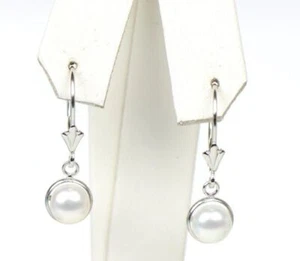 14k Yellow Gold Genuine White Natural Pearl Dangle Earrings - Picture 1 of 8