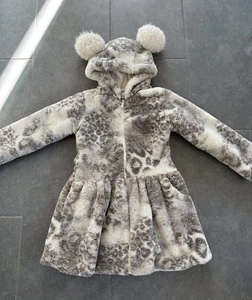 Widgeon Girl's Leopard Print Faux Fur Pom Pom Hood Coat, Size 7 - Picture 1 of 3
