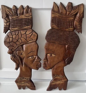 Handcarved Wooden African Tribal Art Pieces Large Hanging Wall Decor - Set of 2 - Picture 1 of 11