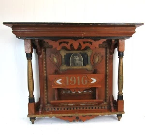 Antique Wood Edwardian Mourning Shelf 1916 with wall pockets planter 23" - Picture 1 of 9