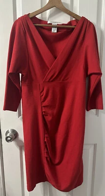 Diane Von Furstenberg V Neck Mini Dress DVF Red Wool Sheath 3/4 Sleeve Size 14 - Image 1 of 4