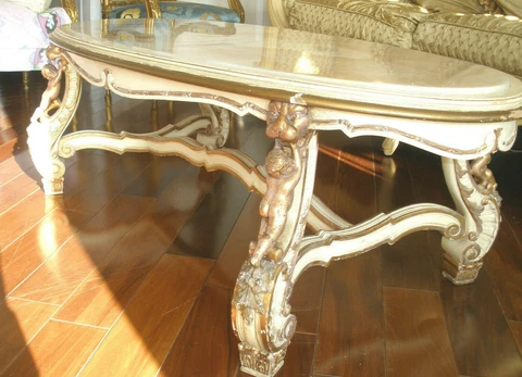 MAGNIFICENT ANTIQUE HAND CARVED CHERUBS OVAL COFFEE TABLE ONYX TOP, OFFERS Cover