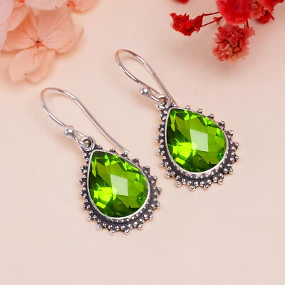 Green Peridot Gemstone Earring 925 Sterling  Silver Handmade Jewelry Gift. - Image 1 of 4