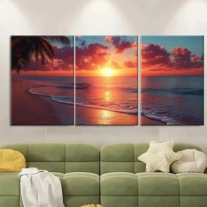 3pcs Exotic Paradise Palm Trees Beach TI Wall Art Canvas Framed 50x70cm - Picture 1 of 2