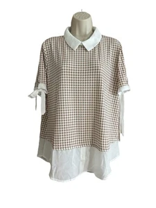 Misia Women's Brown Geometric Collard Short Tie Sleeve Blouse Size Large - Picture 1 of 9