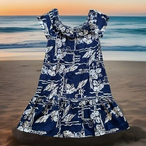 VTG 90s HILO HATTIE Blue Hawaiian Floral Ruffled Dress Scoop Neck Muumuu Sz M - Picture 1 of 10