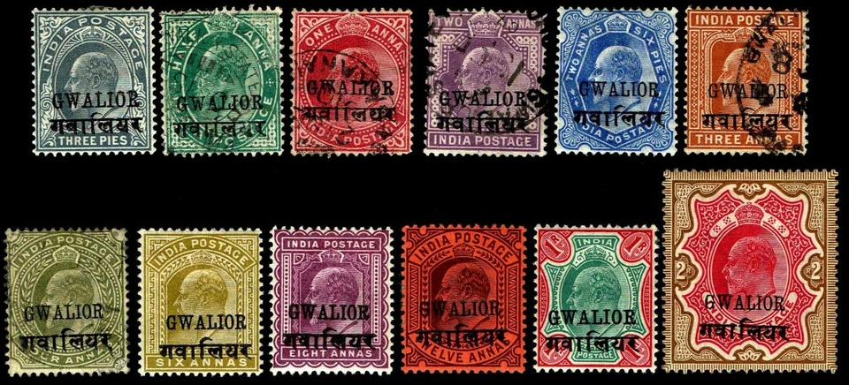1903-08 India Gwailior #35-46 Wmk 39 - Most OGLH - VF - CV$86.85 (ESP#4430) - Image 1 of 1