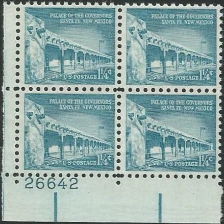 Plate Block of 4 stamps - Scott 1031a - 1 1/4 cent - Santa Fe NM - 1960 - MNH - Image 1 of 1