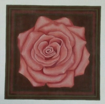 LIZ needlepoint HP handpaint canvas Pink ROSE Bloom flower pillow 10.5x10.5" 18m - Image 1 of 4