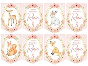 Animales del bosque del bosque personalizado bunting de cumpleaños, fiesta de cumpleaños para niñas - Imagen 1 de 8
