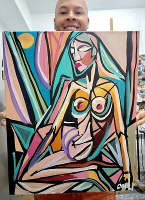 CORBELLIC ORIGINAL PAINTING 16X20 FIGURATIVE WOMAN CUBISM WINE DINNER UNIQUE ART - Image 1 of 4