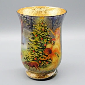 Reverse Foil Decoupage - Blown Glass Christmas Themed Vase - Candle Holder * DMG - Picture 1 of 20