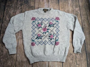 Vintage Eddie Bauer Sweater Womens Large Floral Wool Knit Oatmeal Tan 90s - Picture 1 of 9