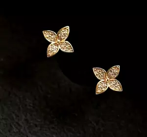 Gold Flower Lucky Clover Pave Cubic Zirconia Stud Earrings - Picture 1 of 2