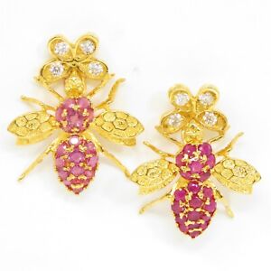 NYJEWEL 14k Yellow Gold 38 Natural Ruby & 8 Diamond Bee with Floral Earrings