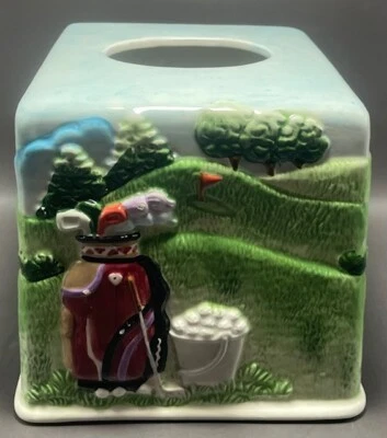 Cubierta de caja de pañuelos vintage de cerámica con tema de golf Foto 1 de 4