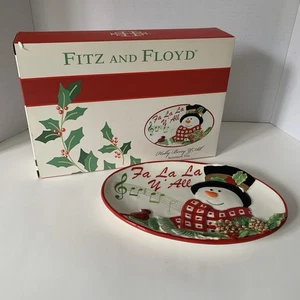 Fitz and Floyd Holly Berry Y'all Small Serving Tray W/ Box Oval Snowman - Picture 1 of 14