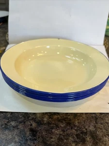 Vintage 5 ciotole smaltate bianche/crema con bordo blu 8” piccole pulite casale - Foto 1 di 5