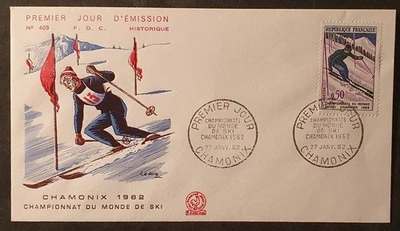 ENVELOPPE 1er JOUR 1962 FDC CHAMPIONNAT DU MONDE DE SKI CHAMONIX + TIMBRE 1/2 - Photo 1/2