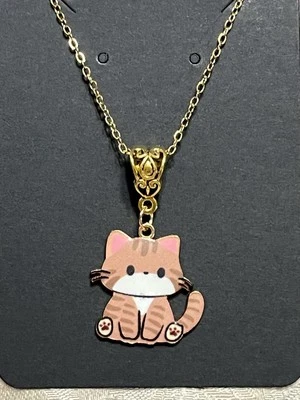 Cute Brown Cat Enamel Pendant Gold Necklace 18” Bohemian Novelty Fun Necklace - Image 1 of 3