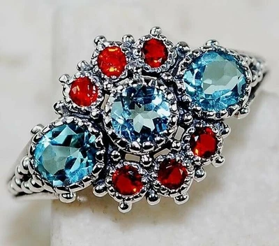 Anillo estilo eduardiano de plata de ley 925 aguamarina y granate de 1 quilate talla 8 F6-7 Foto 1 de 3
