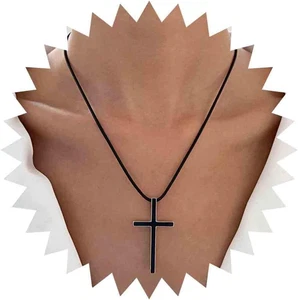 Schwarzes Kreuz Halskette Halsreif Gothic schwarz Leder Kreuz Kruzifix Anhänger Necklac - Bild 1 von 12