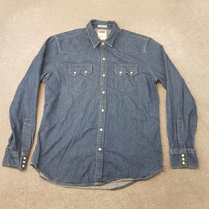 Levis Mens Shirt Large Blue Denim Sawtooth Cowboy Western Pearlsnap Jean Heavy - Picture 1 of 10