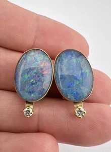 Vintage 14k Yellow Gold Oval Fire Opal Doublets & Diamond Omega Back Earrings - Picture 1 of 5