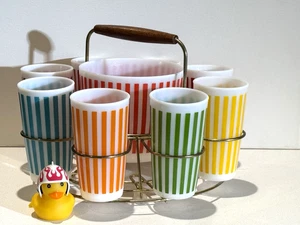 Hazel Atlas 8 Candy Stripe Glasses / Tumblers & Ice Bucket Green, Turquoise... - Picture 1 of 18