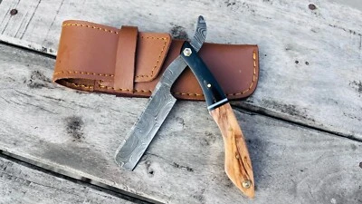 Maquinilla de afeitar recta de acero Damasco para hombres peluquero afeitado madera bolsa de mango negro Foto 1 de 4