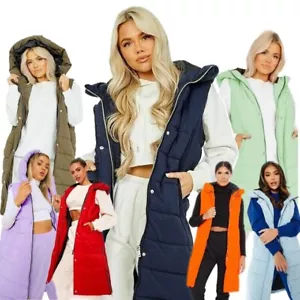 DAMEN LANGE LINIE KAPUZEN PUFFER WESTE JACKE GEPOLSTERTER KÖRPER WÄRMER SEITLICHE REISSSCHLÜSSE - Bild 1 von 19