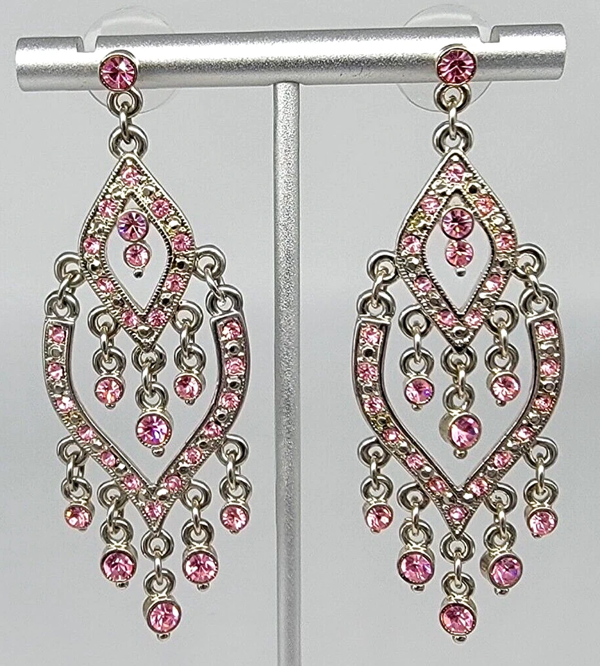 Pendientes araña de diamantes de imitación rosa colgantes tono plata metal postes perforados Foto 1 de 4