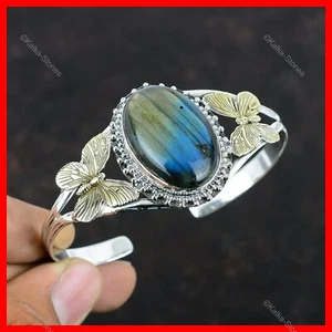 18K Gold Plated Silver Oval Natural Labradorite Butterfly New Bangle Jewelry - Picture 1 of 6