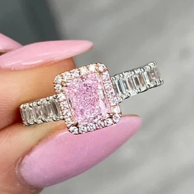 2CT Radiant Cut Lab Grown Fancy Vivid Pink Diamond Wedding Halo Ring 14k Gold - Image 1 of 4
