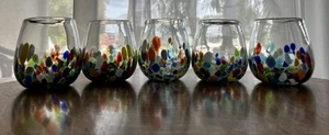 5er Set Mundgeblasene Konfetti Stiellose Niedrige Kugel Cocktail Wein Kunst Gläser Mexiko - Bild 1 von 10
