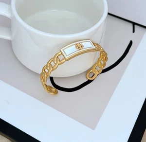 Tory Burch Bangle Cuff Bracelet White Gold Logo Cutout Design/ Adjustable - Picture 1 of 4