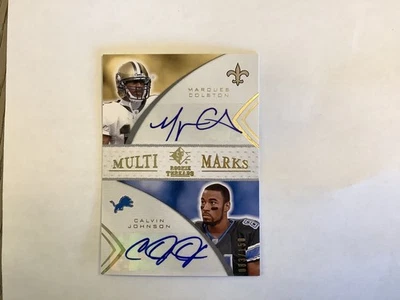 2008 SP ROOKIE THREADS MULTI MARKS DUAL AUTOS CALVINJOHNSON MARQUES COLSTON #150 - Image 1 of 4